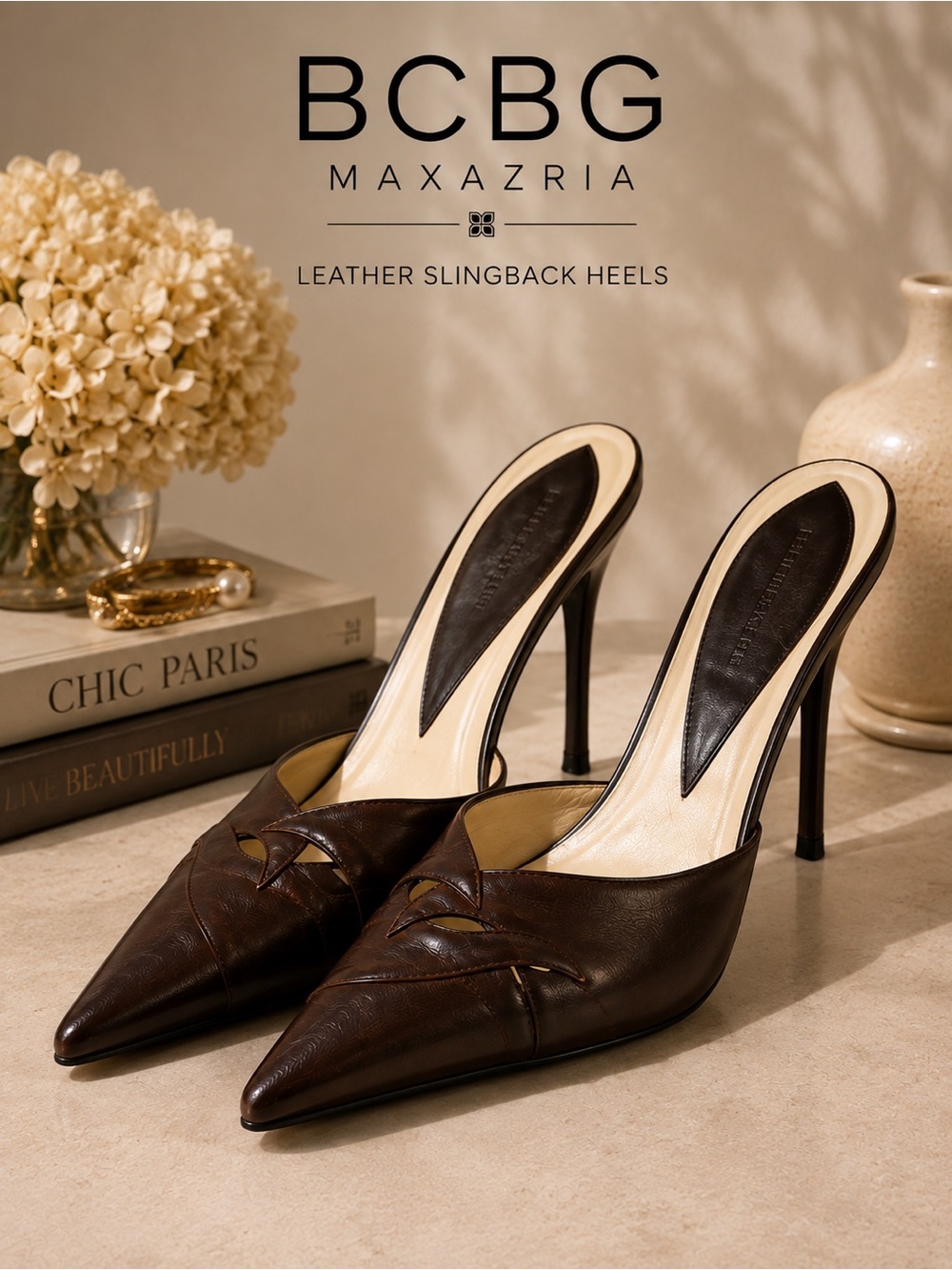 BCBG Max Azria Italy Vero Cuoio Leather Pointed Toe Mule Heels Brown 10B 41